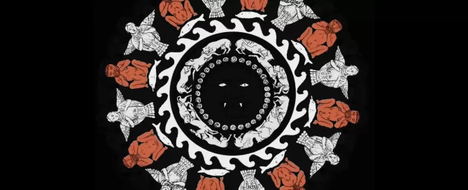 MAEC Cortona riproduzione grafica dei simboli presenti sul Lampadario etrusco sono evidenziati i satiri