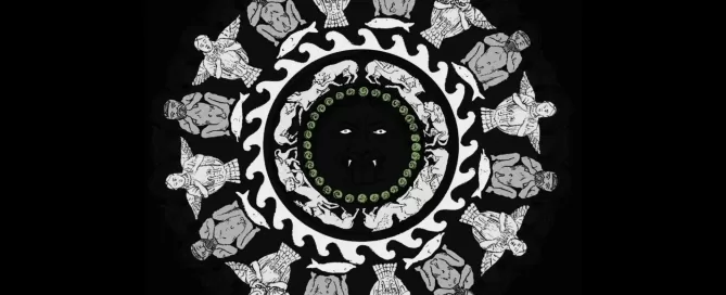 MAEC Cortona riproduzione grafica dei simboli presenti sul Lampadario etrusco è evidenziata medusa