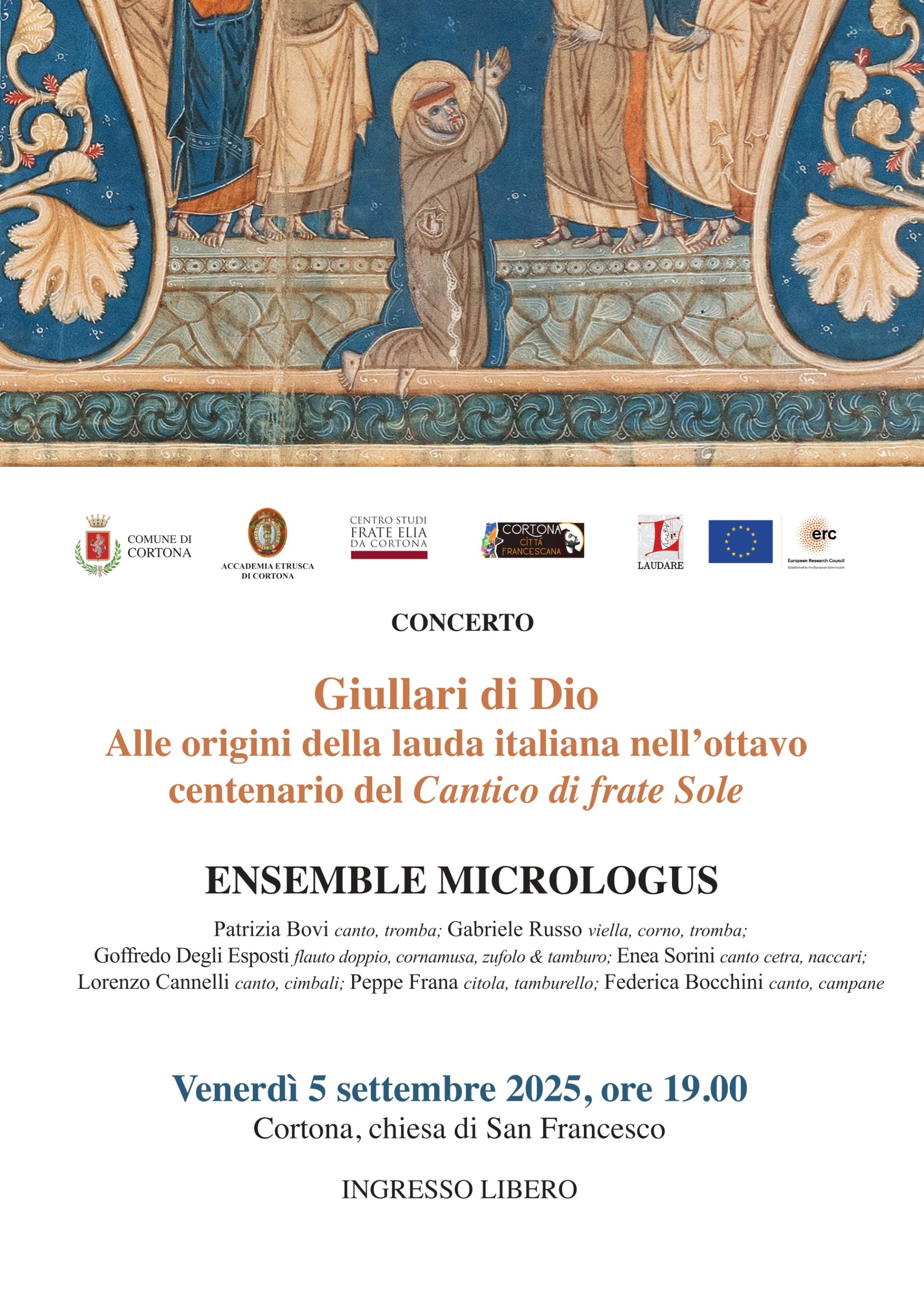 MAEC Cortona concerto 5 settembre ensemble Micrologus Giullari di Dio Alle origini della lauda italiana nell'ottavo centenario del Cantico di frate Sole