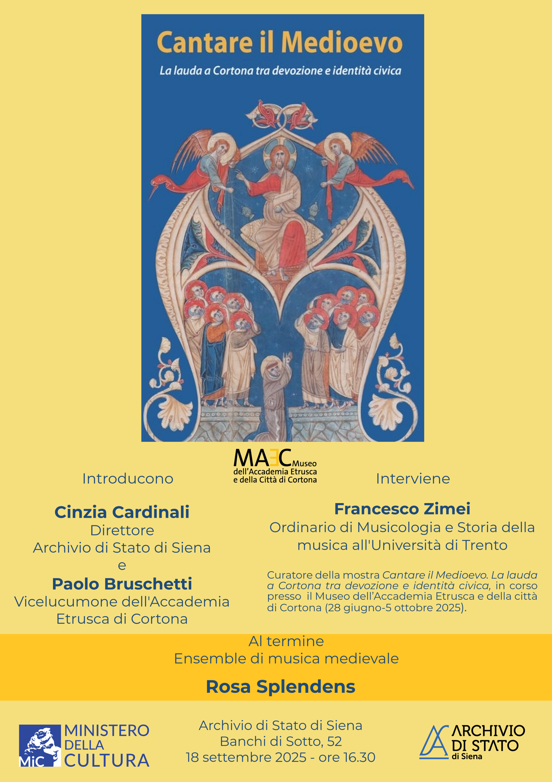 Locandina della presentazione del catalogo della mostra Cantare il Medioevo presso l'Archivio di Stato di Siena. La mostra è visibile presso il MAEC di Cortona fino al 5 ottobre 2025