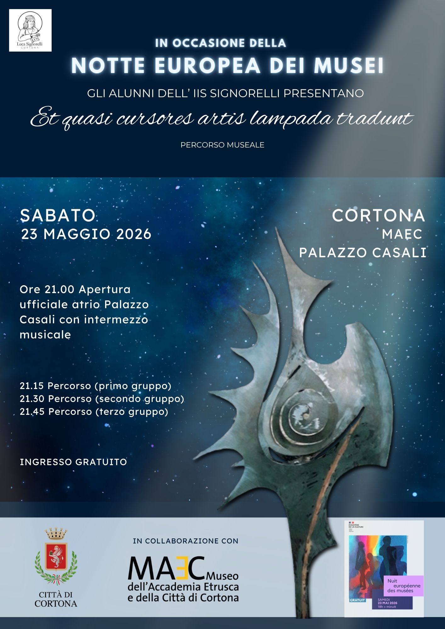 MAEC Cortona locandina evento Notte Europea dei Musei a Cortona con gli studenti del liceo classico