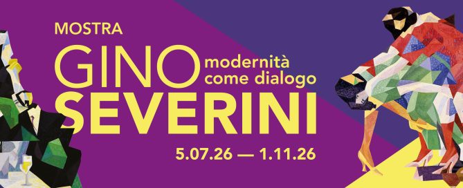 Manifesto della mostra "Gino Severini. Modernità come dialogo". Su uno sfondo geometrico viola e magenta compare una grande composizione cubista di Severini: tre figure eleganti sedute attorno a un tavolo, scomposte in forme geometriche dai colori verde, giallo, nero, bianco e viola. Le figure e gli oggetti del tavolo si intrecciano in una complessa costruzione di piani e volumi tipica del Cubismo. Nella parte superiore campeggia il titolo della mostra in grandi lettere gialle.