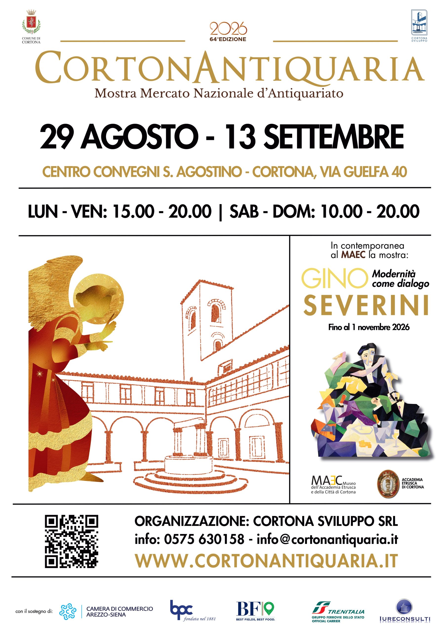 Locandina di Cortonantiquaria 2026, 64ª Mostra Mercato Nazionale d’Antiquariato, in programma a Cortona dal 29 agosto al 13 settembre, con richiamo alla mostra “Gino Severini. Modernità come dialogo” al MAEC.