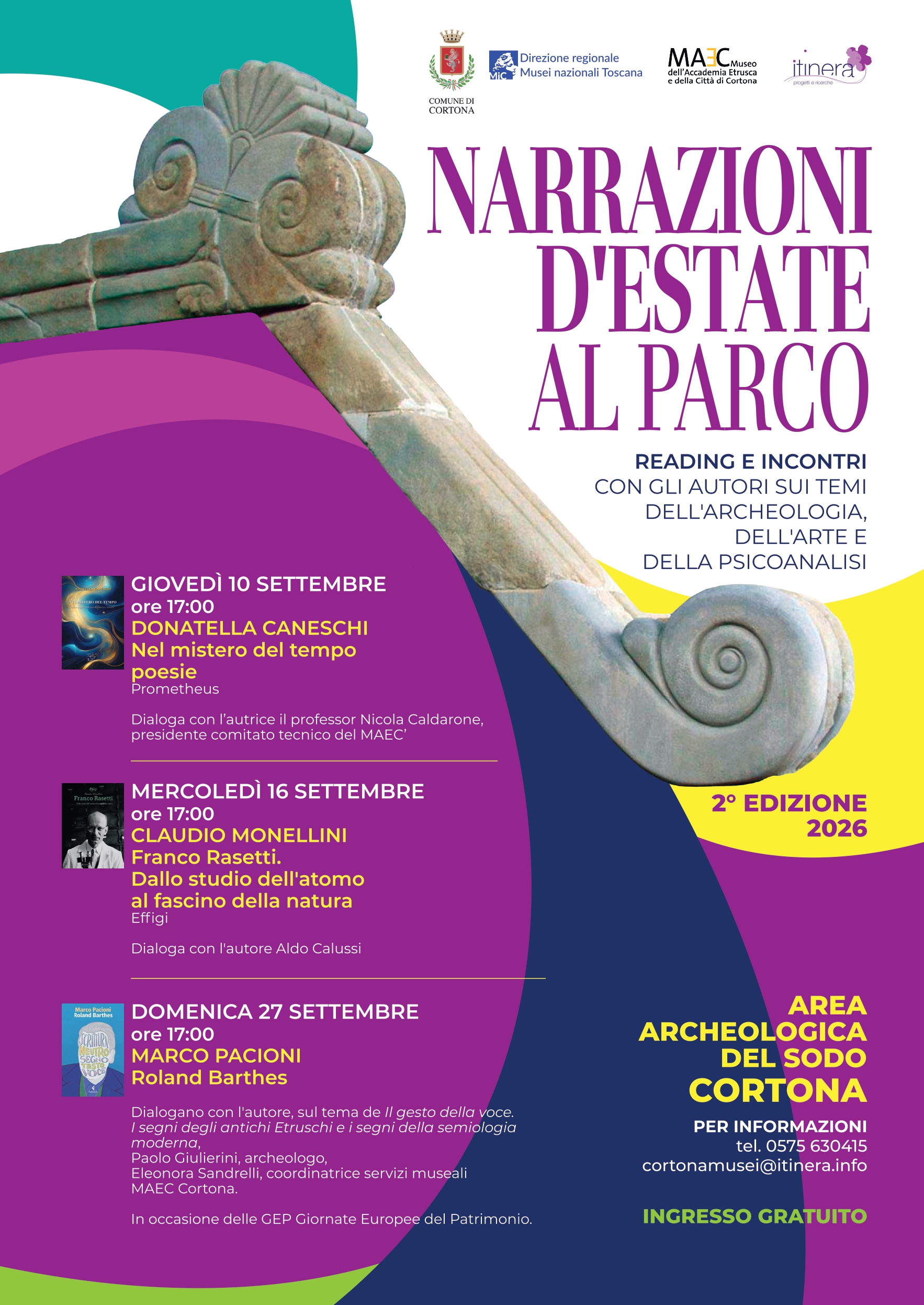Locandina della seconda edizione di “Narrazioni d’estate al Parco”, rassegna di reading e incontri con gli autori all’Area archeologica del Sodo di Cortona, in programma il 10, 16 e 27 settembre 2026.
