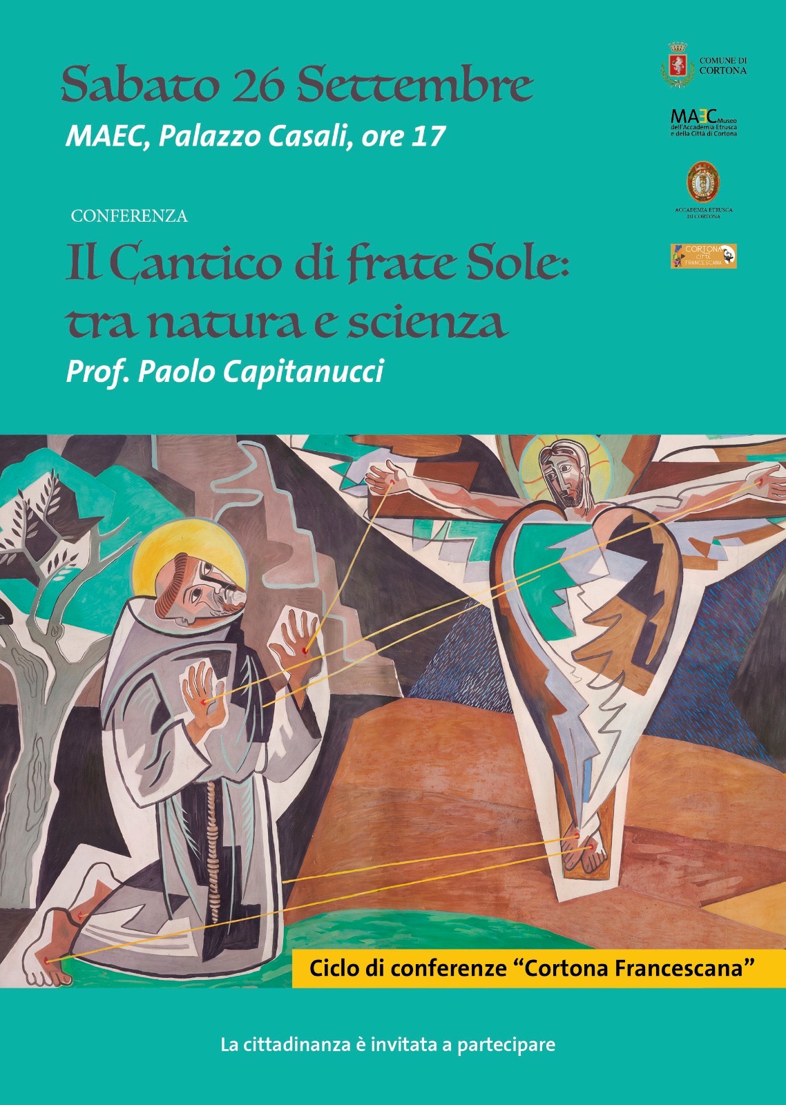 Locandina Cantico delle creature Locandina grigia della conferenza ‘Il Cantico di frate Sole: tra natura e scienza’ con il prof. Paolo Capitanuci, sabato 26 settembre alle ore 17 al MAEC, Palazzo Casali.