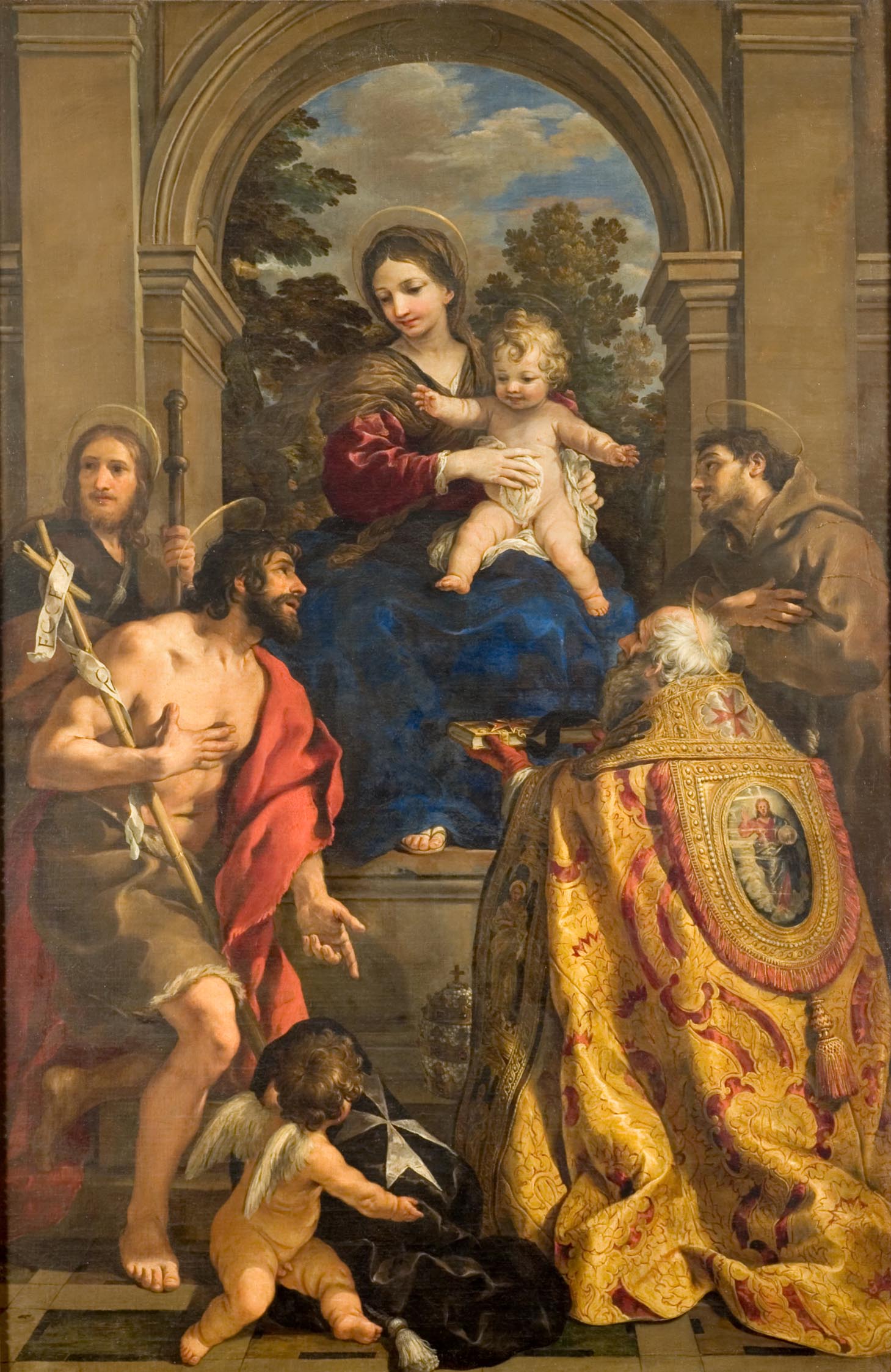 Berrettini_Madonna con bambino Madonna con Bambino in trono circondata da santi, tra cui San Giovanni Battista e San Francesco, con un religioso inginocchiato in primo piano. Opera di Pietro Berrettini presso il MAEC di Cortona.