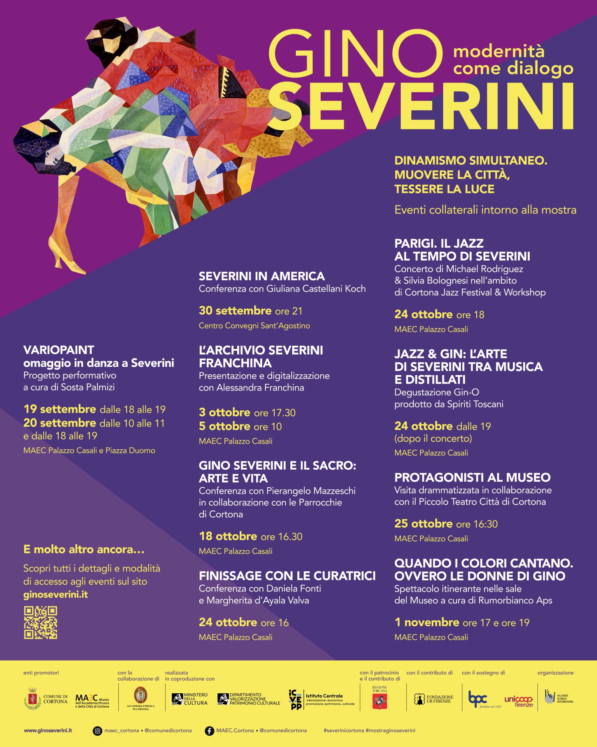 Locandina degli eventi collaterali alla mostra Gino Severini. Modernità come dialogo, con il programma degli appuntamenti in calendario dal 19 settembre al 1° novembre 2026 al MAEC e a Cortona