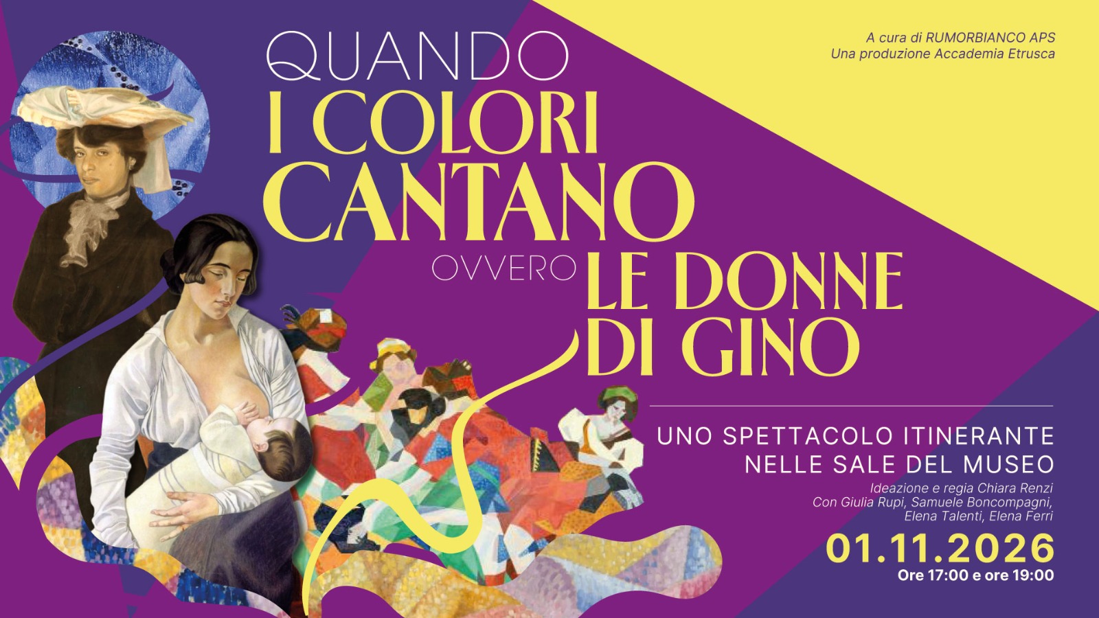 Locandina dello spettacolo itinerante “Quando i colori cantano, ovvero le donne di Gino”, dedicato alle figure femminili nell’opera di Gino Severini, in programma al MAEC il 1° novembre 2026 alle ore 17:00 e 19:00.
