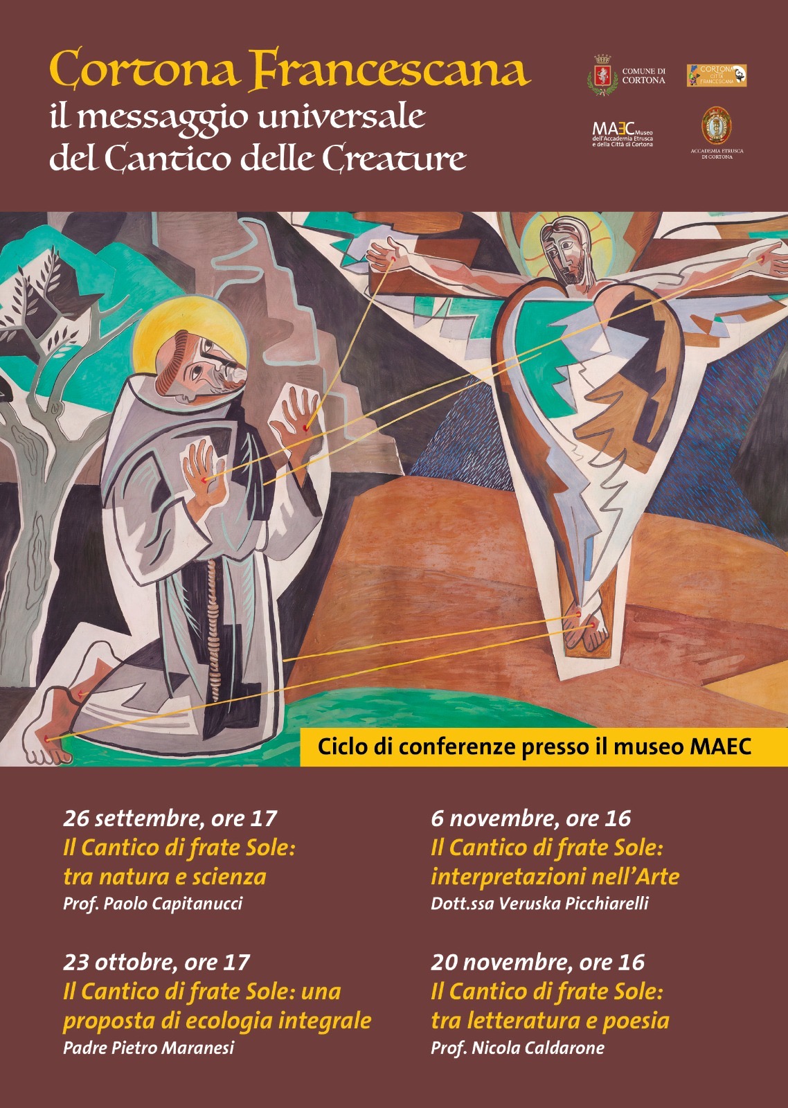 Locandina del ciclo di conferenze “Cortona Francescana. Il messaggio universale del Cantico delle Creature”, in programma al MAEC dal 26 settembre al 20 novembre 2026.
