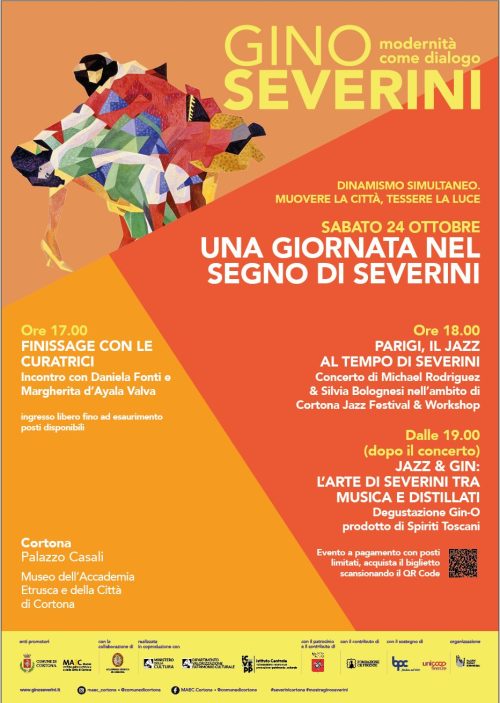 Locandina di “Una giornata nel segno di Severini”, in programma il 24 ottobre 2026 al MAEC di Cortona. Incontro con le curatrici alle 17:00, concerto jazz alle 18:00 e degustazione Gin-O a pagamento dalle 19:00. Grafica arancione e gialla con un dettaglio di un'opera di Gino Severini.
