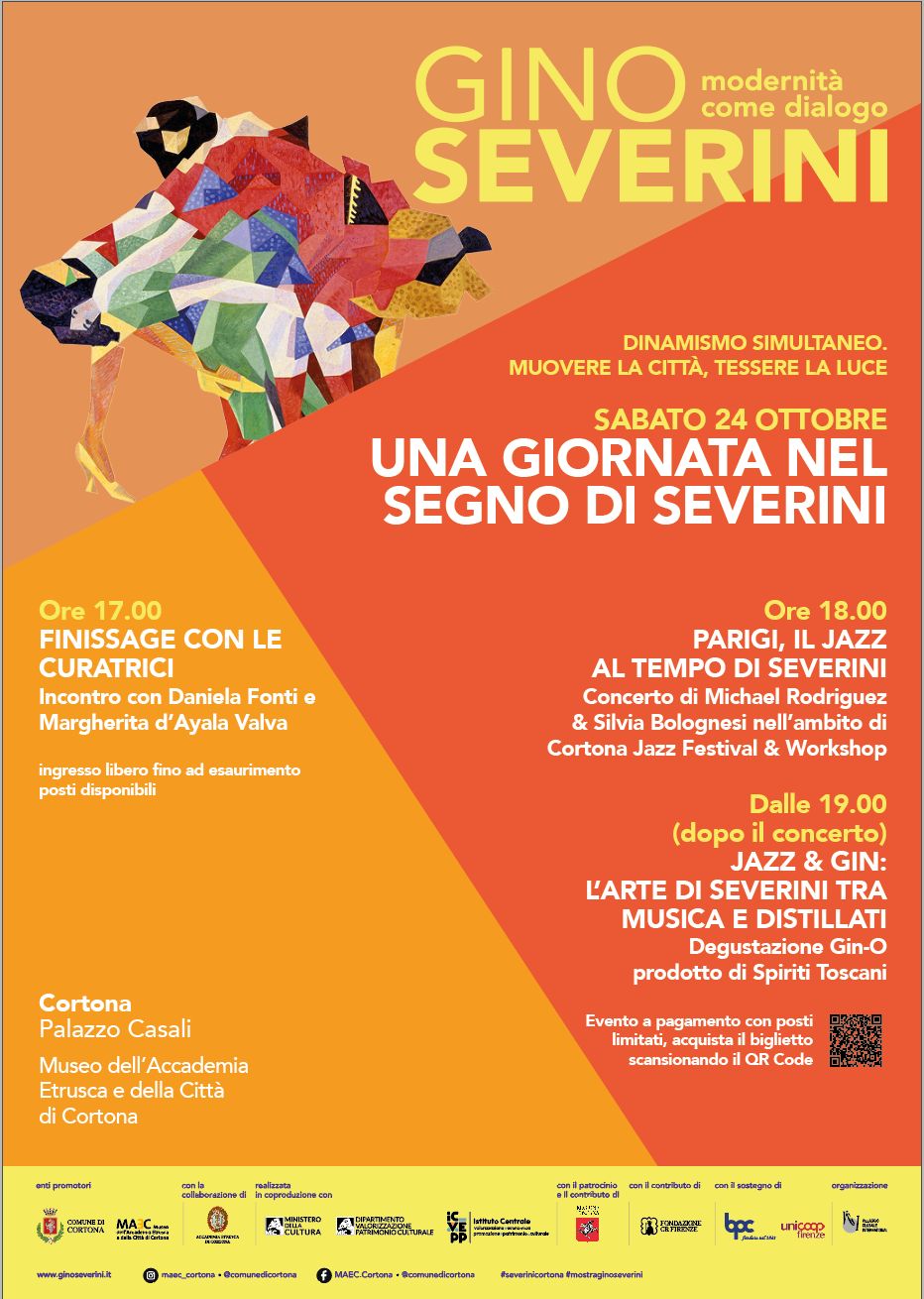 Locandina di “Una giornata nel segno di Severini”, in programma il 24 ottobre 2026 al MAEC di Cortona. Incontro con le curatrici alle 17:00, concerto jazz alle 18:00 e degustazione Gin-O a pagamento dalle 19:00. Grafica arancione e gialla con un dettaglio di un'opera di Gino Severini.