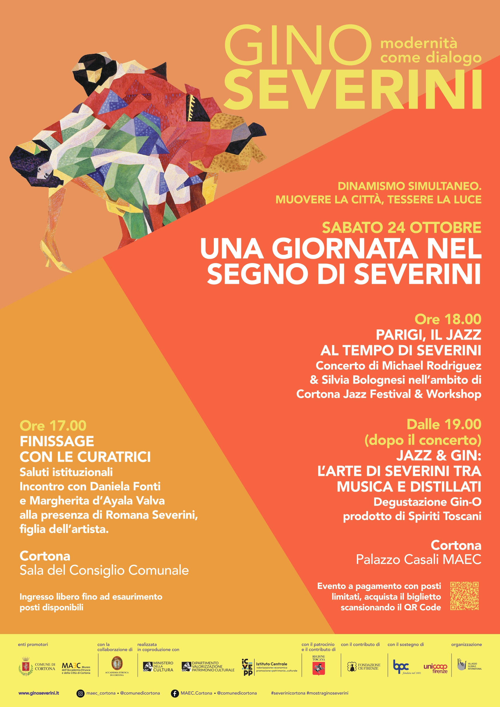 Locandina di “Una giornata nel segno di Severini”, in programma il 24 ottobre 2026 al MAEC di Cortona. Incontro con le curatrici alle 17:00, concerto jazz alle 18:00 e degustazione Gin-O a pagamento dalle 19:00. Grafica arancione e gialla con un dettaglio di un'opera di Gino Severini.
