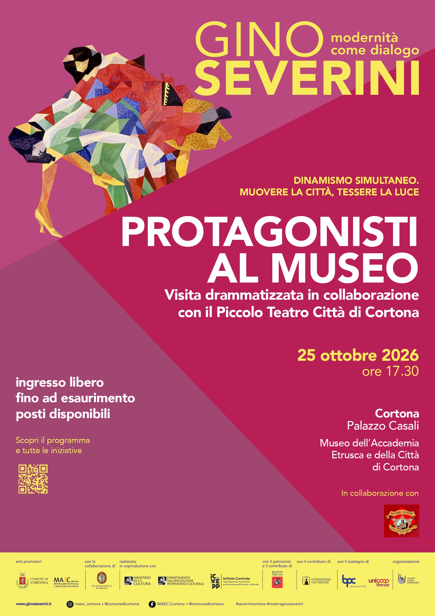 Locandina dell’evento “Protagonisti al museo”, visita drammatizzata in collaborazione con il Piccolo Teatro Città di Cortona, in programma domenica 25 ottobre 2026 alle ore 17:30 al MAEC. Grafica nei toni del rosa e del viola, con dettagli di un’opera di Gino Severini e informazioni sull’ingresso libero fino a esaurimento posti.