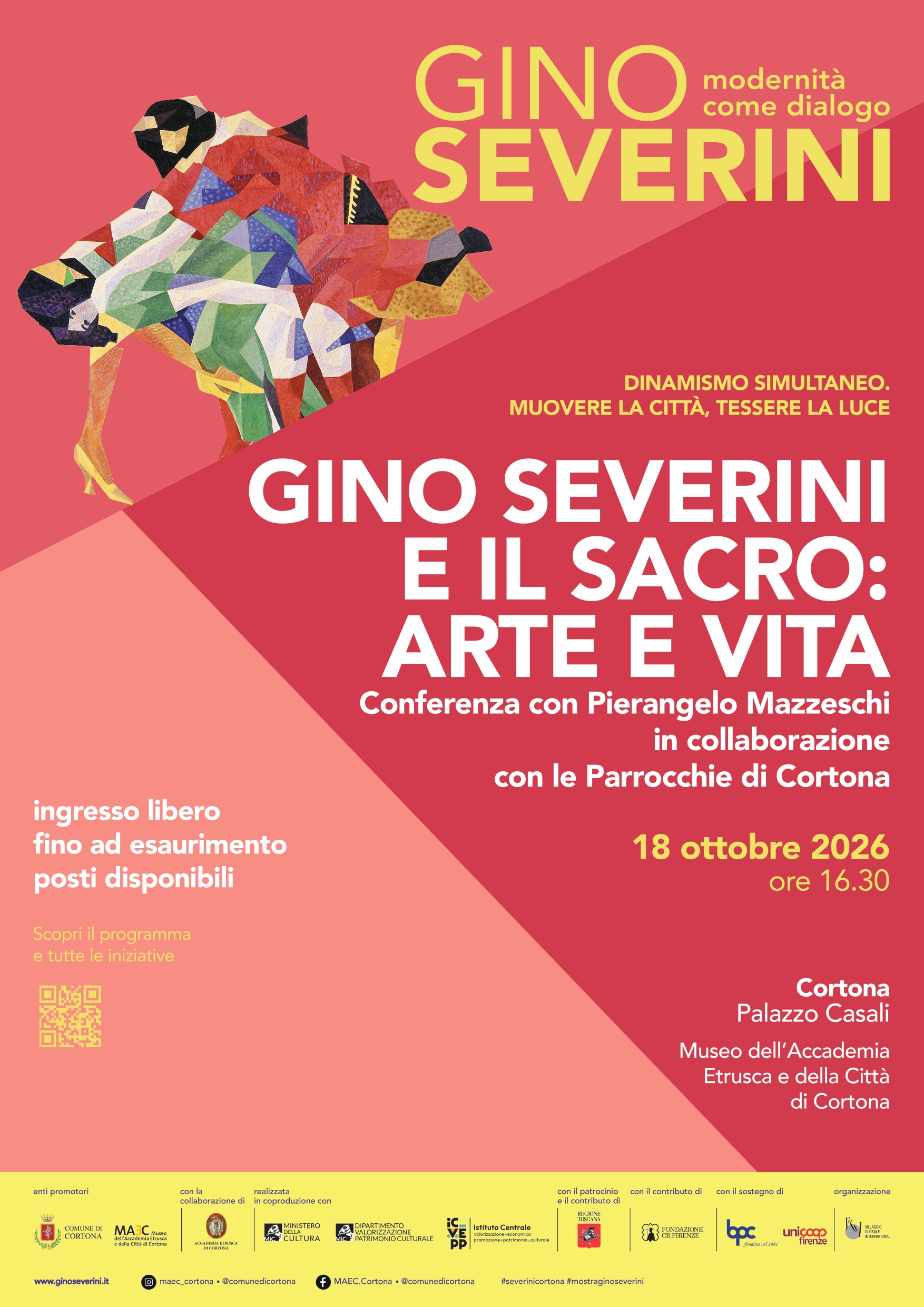 Locandina della conferenza “Gino Severini e il sacro: arte e vita”, con Pierangelo Mazzeschi, in programma domenica 18 ottobre 2026 alle ore 16:30 al MAEC di Cortona, in collaborazione con le Parrocchie di Cortona. Ingresso libero fino a esaurimento posti. Grafica nei toni del rosa e del rosso, con un'opera di Severini nella parte superiore.