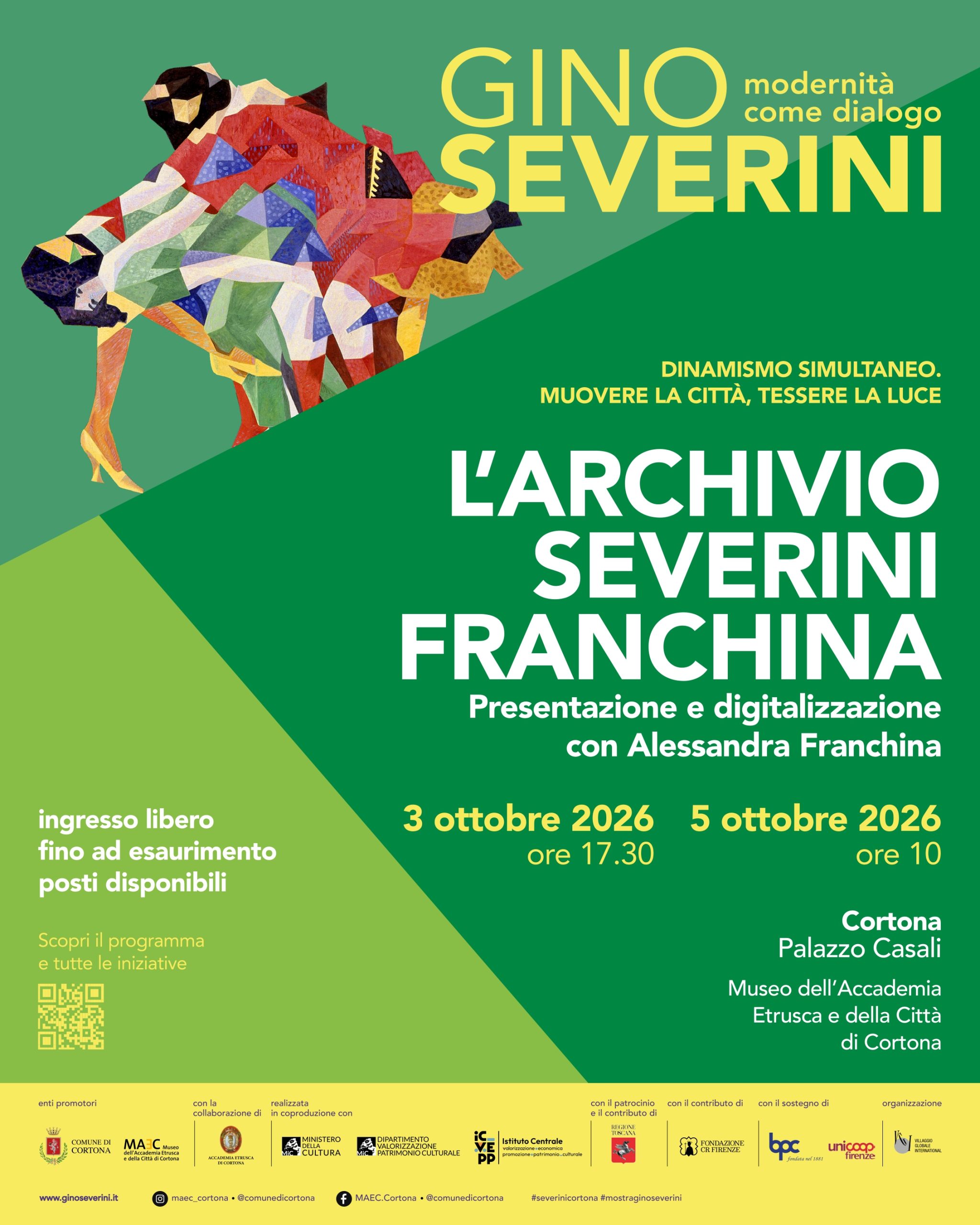Locandina degli incontri “L’Archivio Severini Franchina. Presentazione e digitalizzazione con Alessandra Franchina”, in programma il 3 e 5 ottobre 2026 al MAEC di Cortona, nell’ambito della mostra “Gino Severini. Modernità come dialogo”. Grafica verde e gialla con un dettaglio di un’opera di Gino Severini.