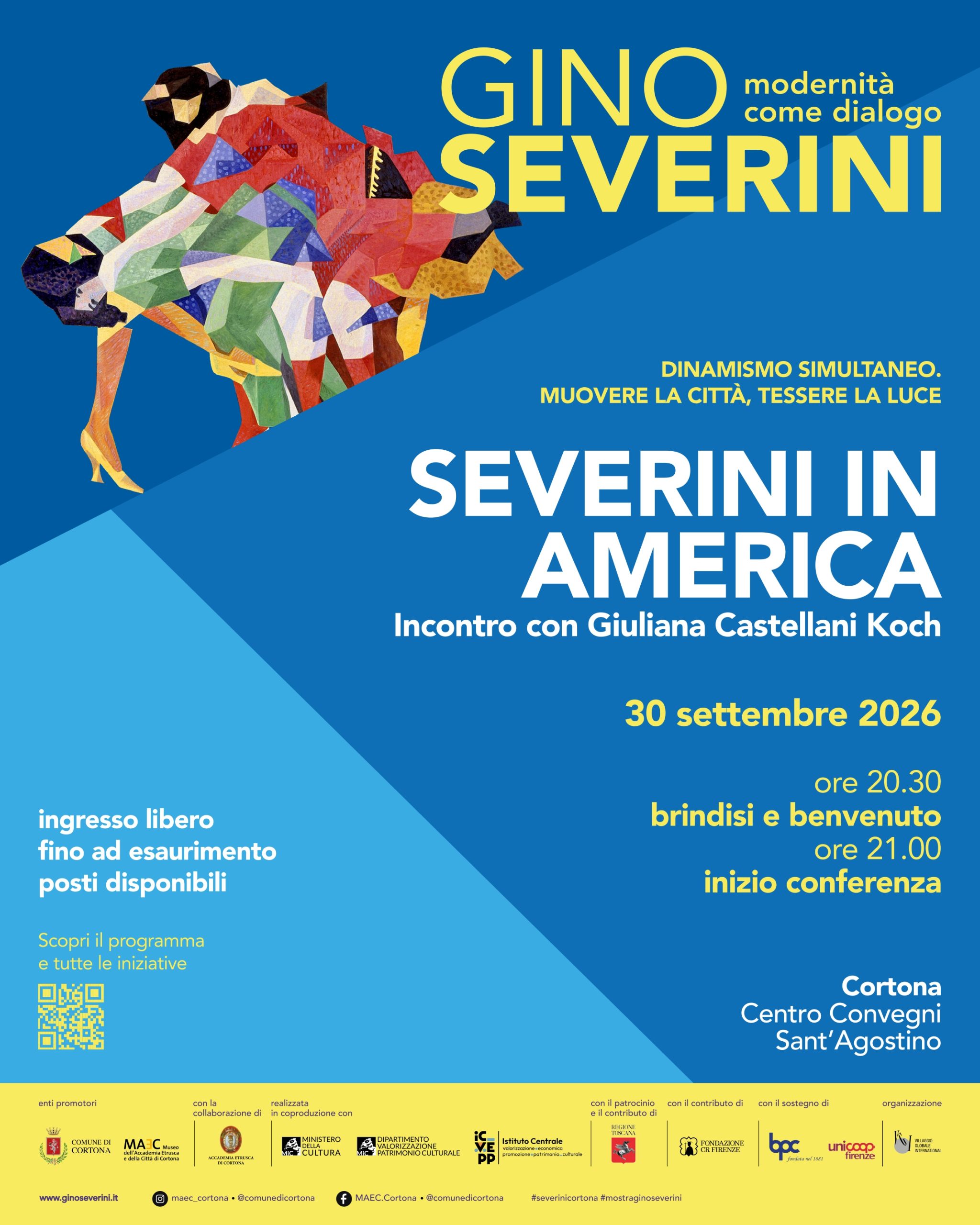 Locandina dell'incontro “Severini in America” con Giuliana Castellani Koch, in programma il 30 settembre 2026 al Centro Convegni Sant’Agostino di Cortona. La grafica, nei toni del blu e dell'azzurro, presenta un dettaglio di un'opera di Gino Severini e le informazioni sull'evento, a ingresso libero.
