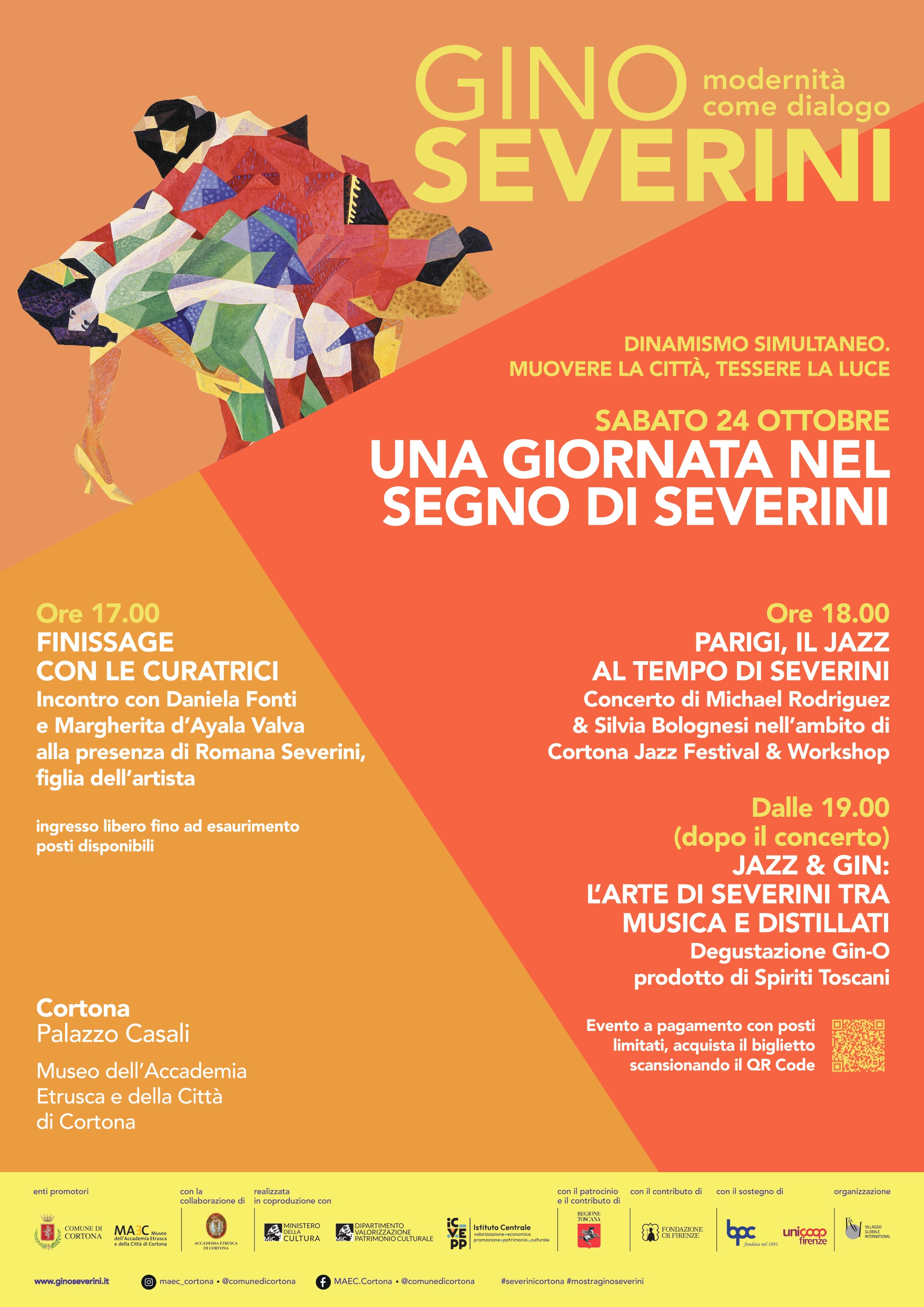 Locandina di “Una giornata nel segno di Severini”, in programma il 24 ottobre 2026 al MAEC di Cortona. Incontro con le curatrici alle 17:00, concerto jazz alle 18:00 e degustazione Gin-O a pagamento dalle 19:00. Grafica arancione e gialla con un dettaglio di un'opera di Gino Severini.