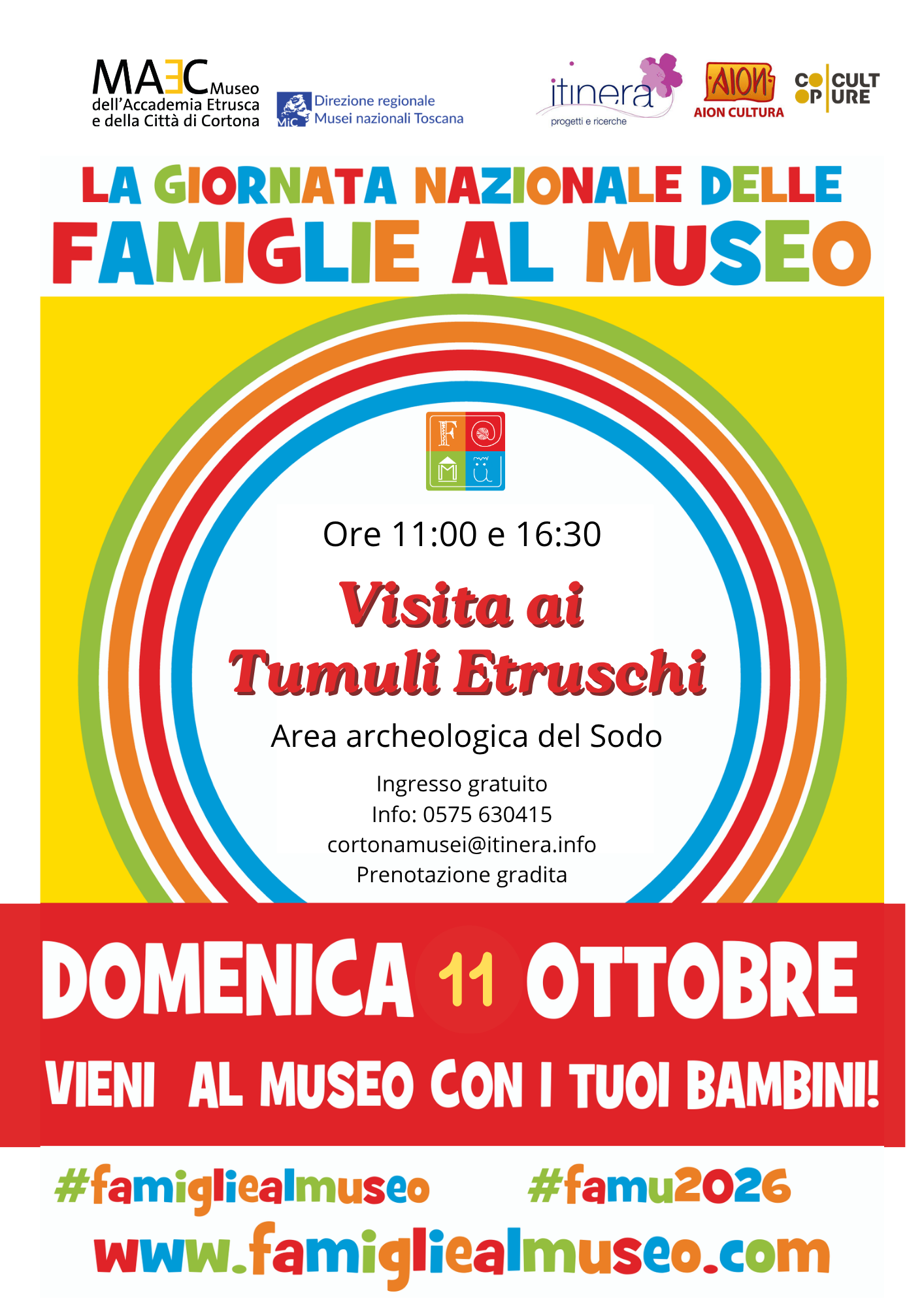 Locandina della Giornata Nazionale delle Famiglie al Museo 2026 al MAEC: domenica 11 ottobre visite ai Tumuli Etruschi dell’Area archeologica del Sodo alle ore 11:00 e 16:30, ingresso gratuito.