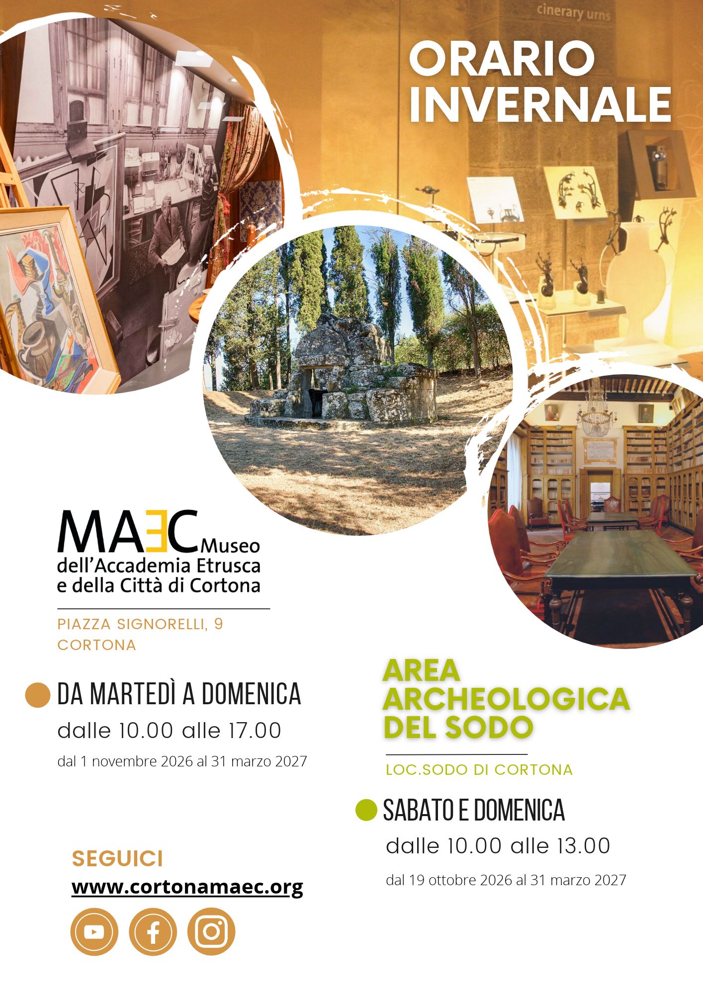 Locandina degli orari invernali 2026–2027 del MAEC di Cortona, aperto dal martedì alla domenica dalle 10 alle 17, e dell'Area archeologica del Sodo, aperta sabato e domenica dalle 10 alle 13.